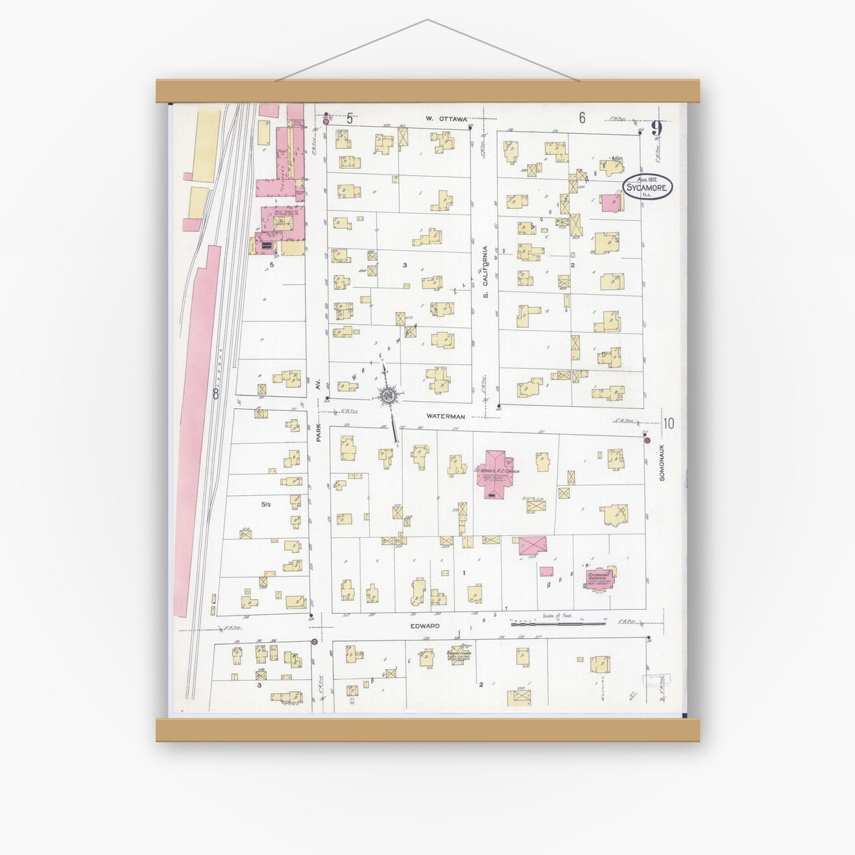 Old map wall art mockup — magnetic wood frame on white wall — Sanborn Fire Insurance Map from Sycamore, De Kalb County, Illinois (1912), Sheet #0009