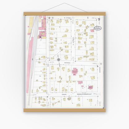 Old map wall art mockup — magnetic wood frame on white wall — Sanborn Fire Insurance Map from Sycamore, De Kalb County, Illinois (1912), Sheet #0009