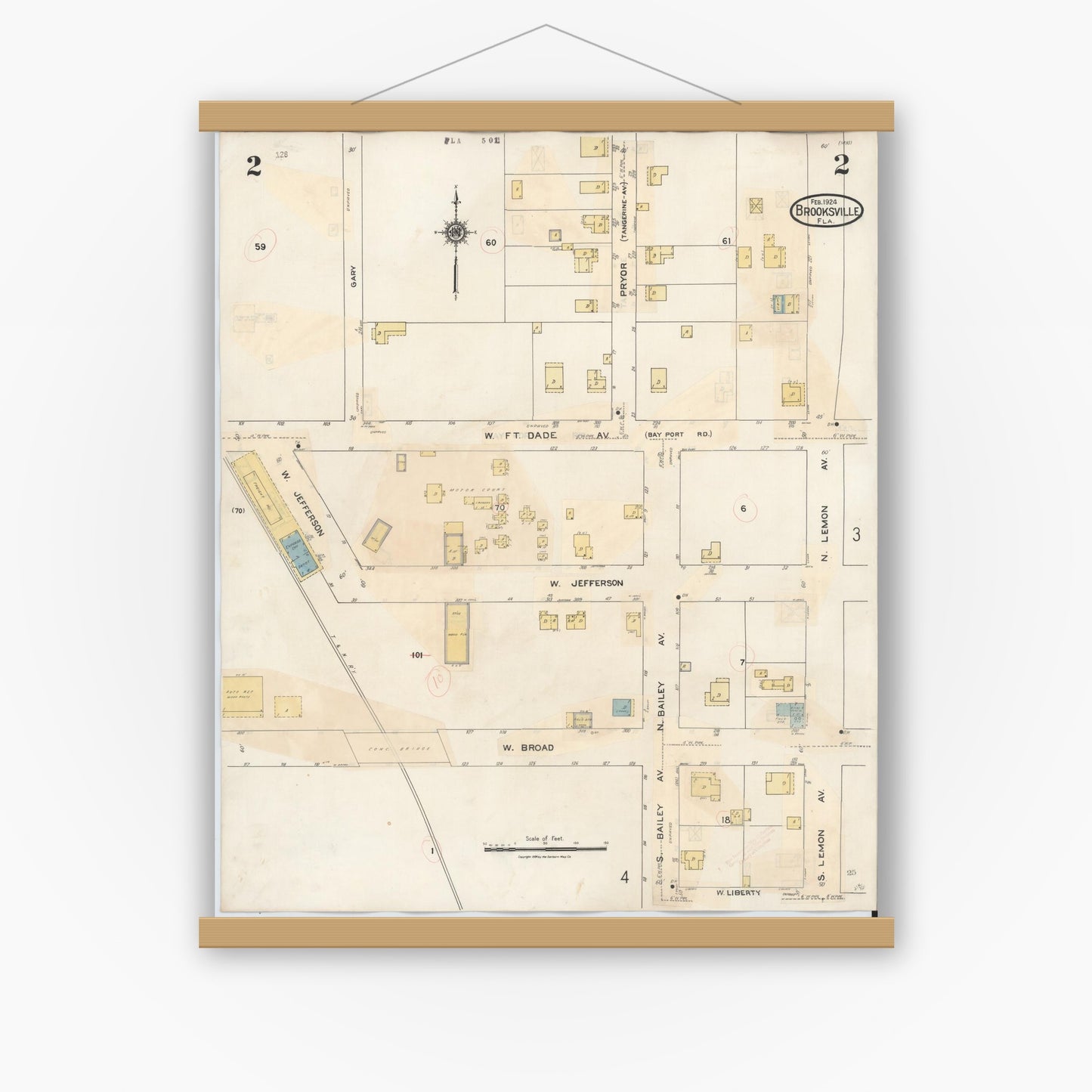 Old map wall art mockup — magnetic wood frame on white wall — Sanborn Fire Insurance Map from Brooksville, Hernando County, Florida (1945), Sheet #0002