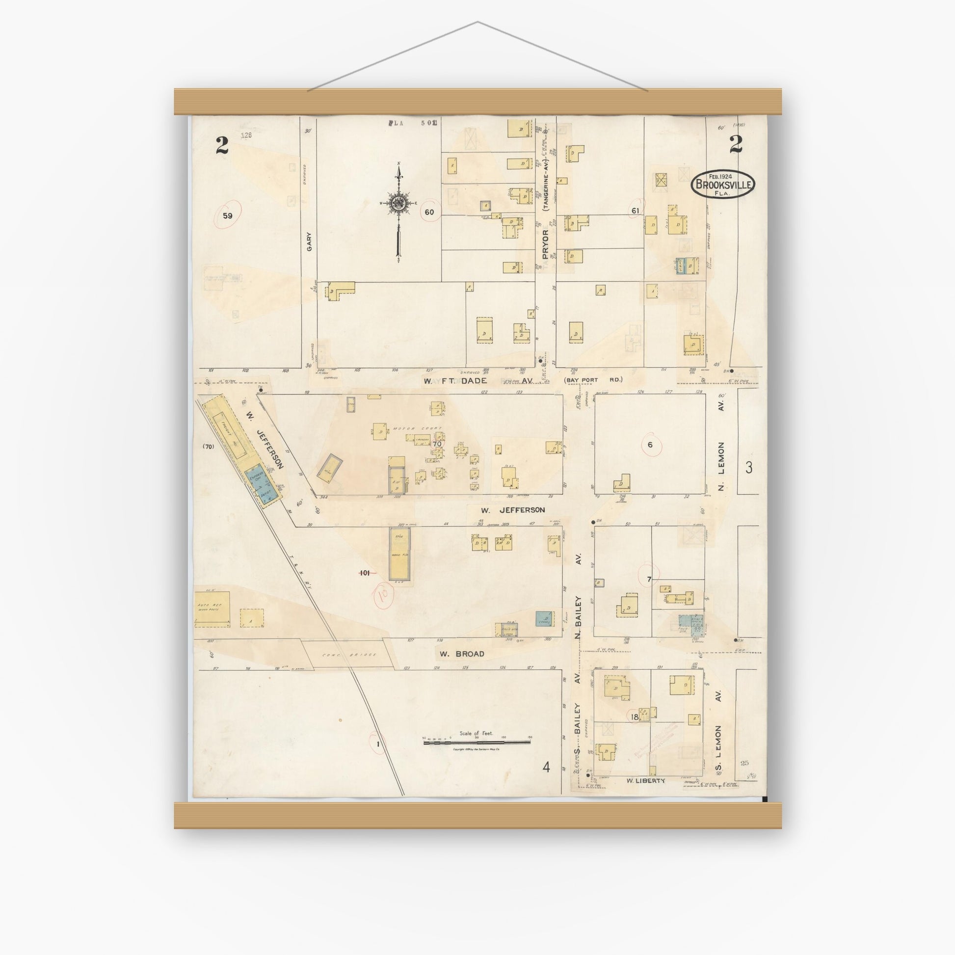 Old map wall art mockup — magnetic wood frame on white wall — Sanborn Fire Insurance Map from Brooksville, Hernando County, Florida (1945), Sheet #0002