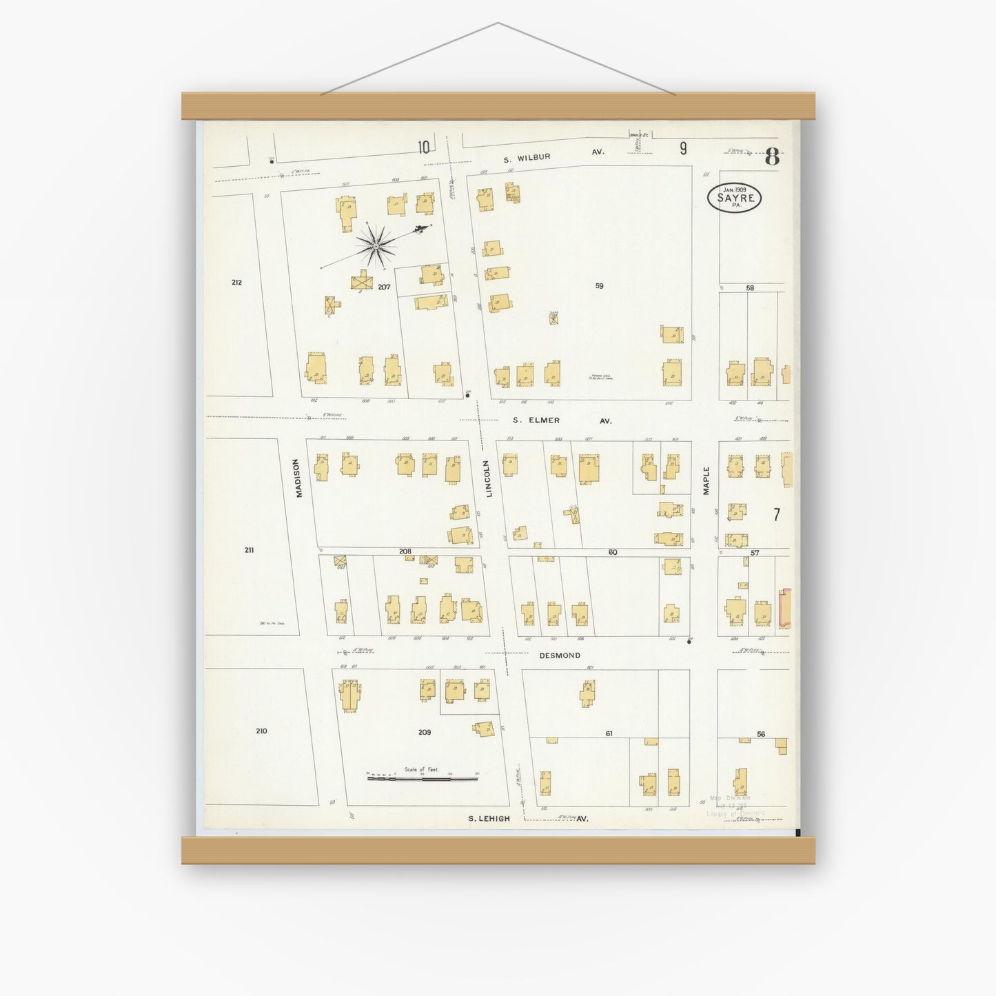 Old map wall art mockup — magnetic wood frame on white wall — Sanborn Fire Insurance Map from Sayre, Bradford County, Pennsylvania (1909), Sheet #0008
