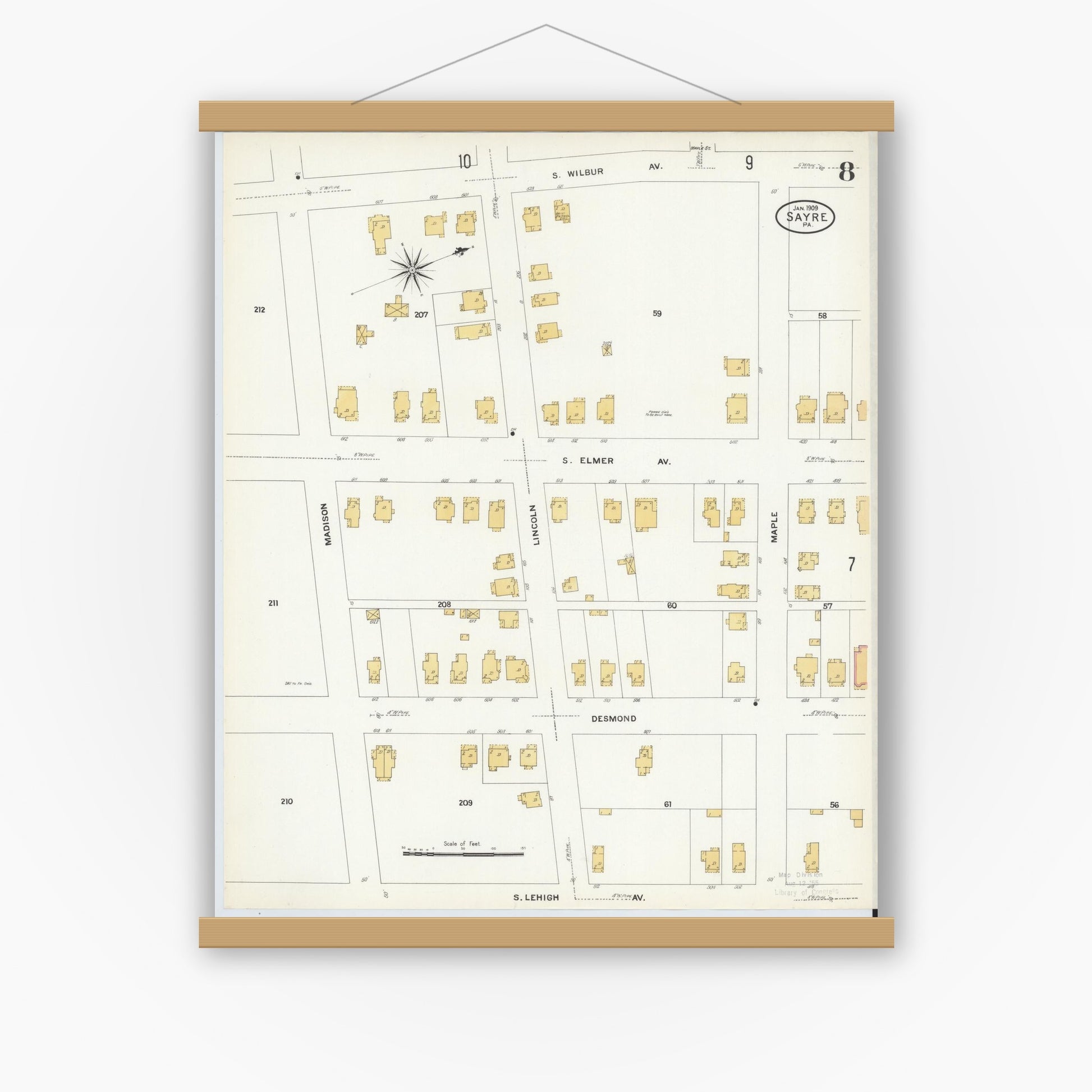 Old map wall art mockup — magnetic wood frame on white wall — Sanborn Fire Insurance Map from Sayre, Bradford County, Pennsylvania (1909), Sheet #0008
