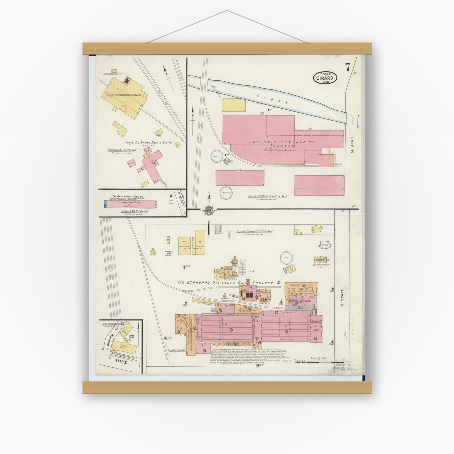 Old map wall art mockup — magnetic wood frame on white wall — Sanborn Fire Insurance Map from Girard, Trumbull County, Ohio (1915), Sheet #0007