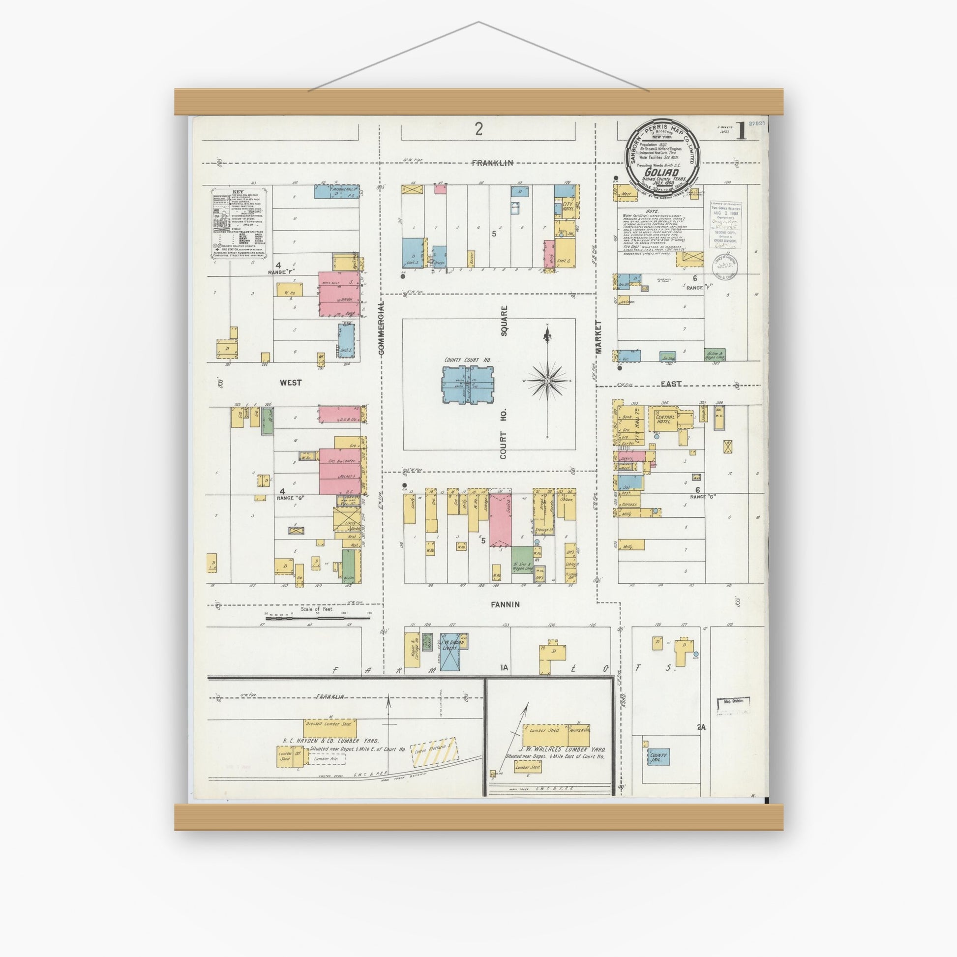 Old map wall art mockup — magnetic wood frame on white wall — Sanborn Fire Insurance Map from Goliad, Goliad County, Texas (1900) - Complete Map Set