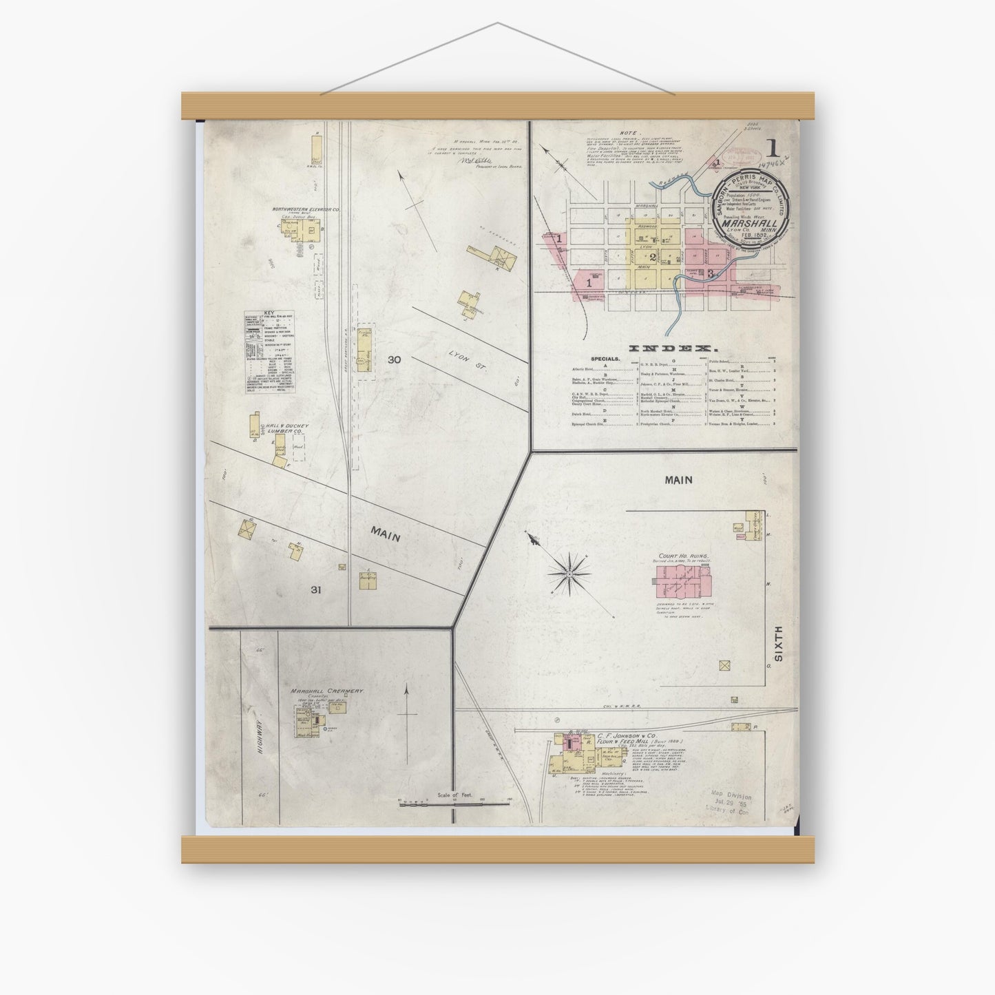Old map wall art mockup — magnetic wood frame on white wall — Sanborn Fire Insurance Map from Marshall, Lyon County, Minnesota (1892), Sheet #0001