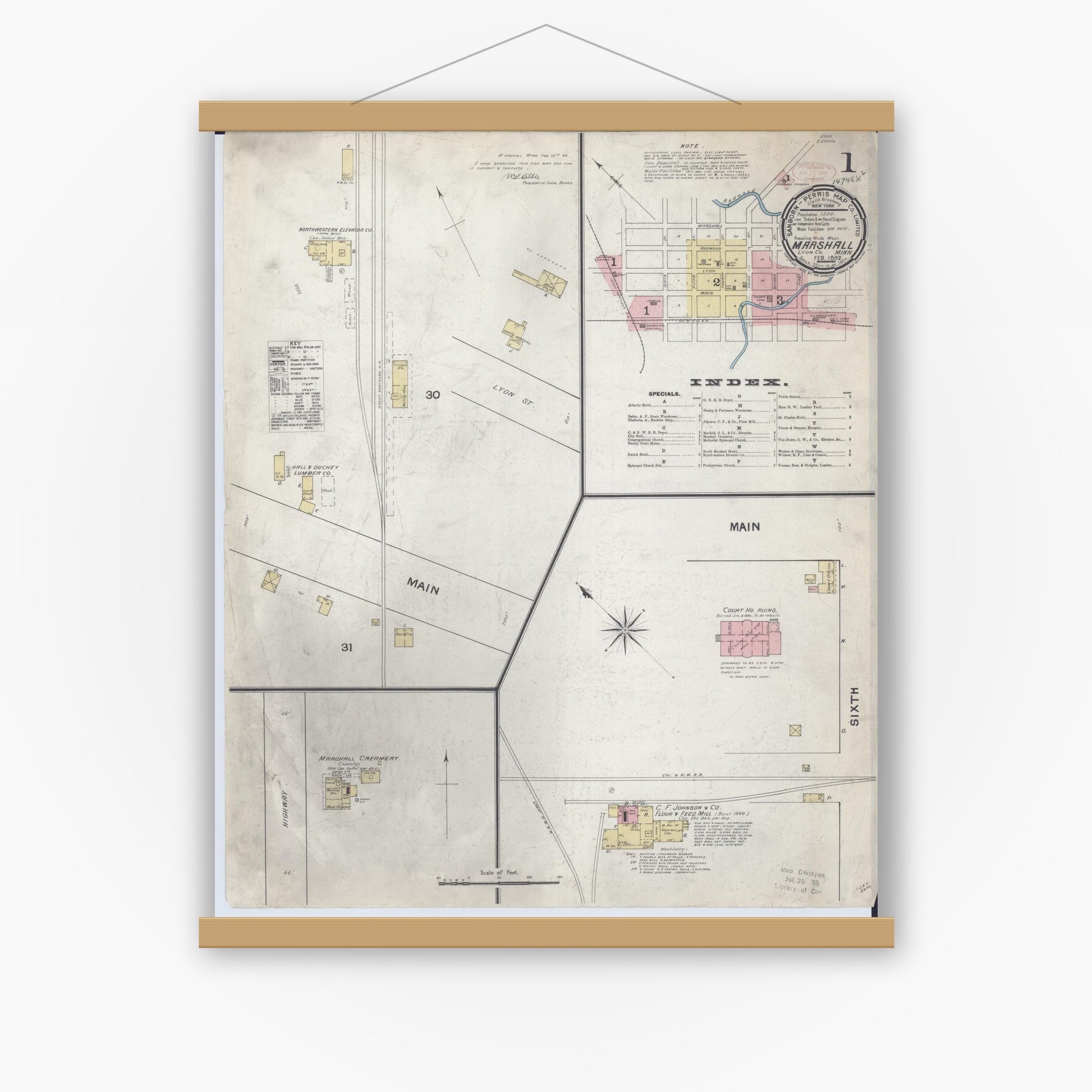 Old map wall art mockup — magnetic wood frame on white wall — Sanborn Fire Insurance Map from Marshall, Lyon County, Minnesota (1892), Sheet #0001