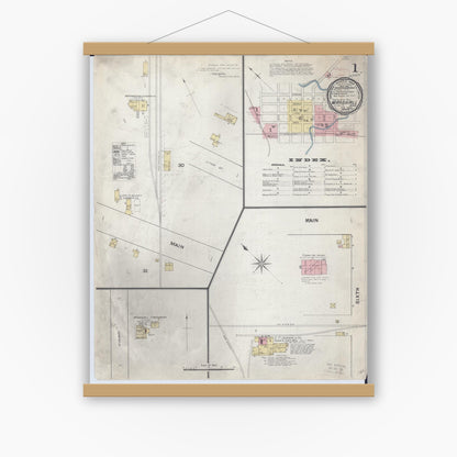 Old map wall art mockup — magnetic wood frame on white wall — Sanborn Fire Insurance Map from Marshall, Lyon County, Minnesota (1892), Sheet #0001