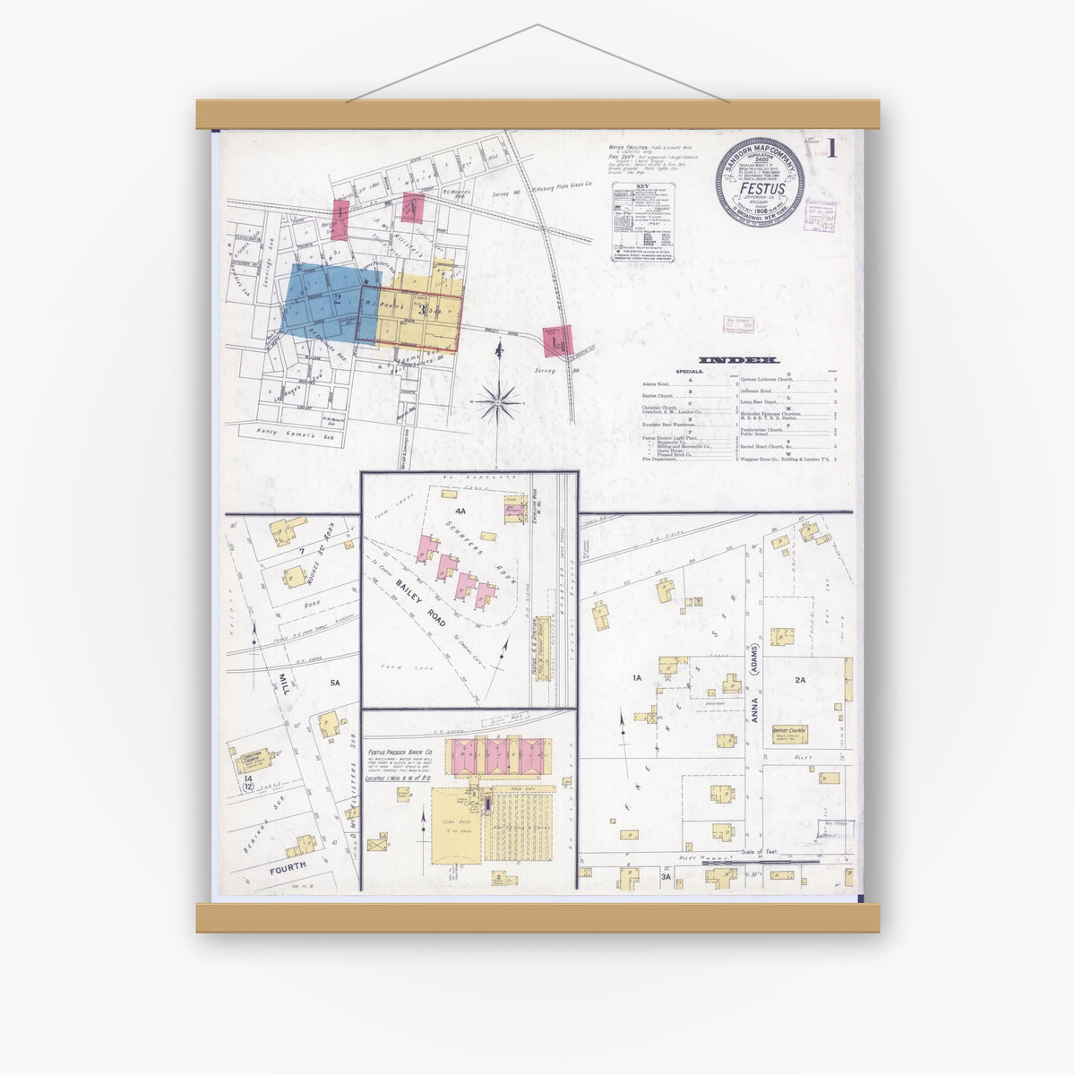 Old map wall art mockup — magnetic wood frame on white wall — Sanborn Fire Insurance Map from Festus, Jefferson County, Missouri (1908) - Complete Map Set