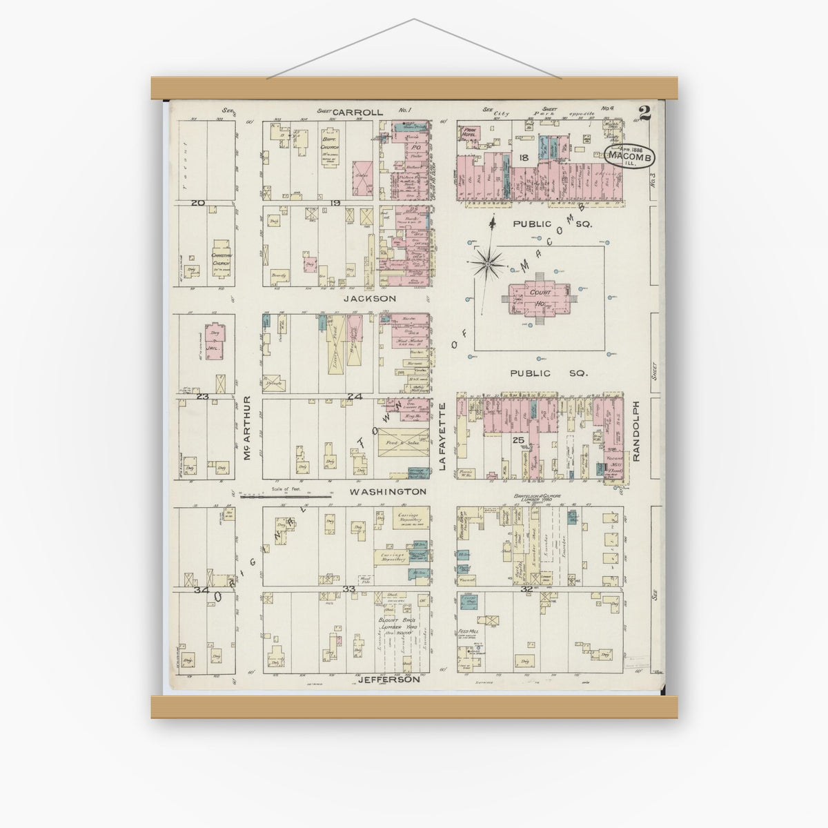 Old map wall art mockup — magnetic wood frame on white wall — Sanborn Fire Insurance Map from Macomb, Mcdonough County, Illinois (1886), Sheet #0002