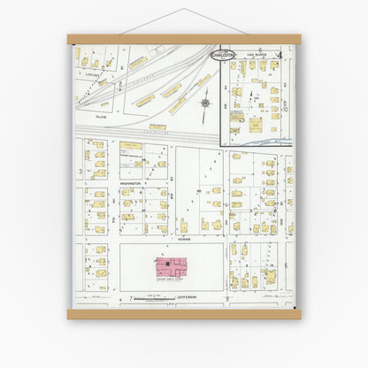 Old map wall art mockup — magnetic wood frame on white wall — Sanborn Fire Insurance Map from Charleston, Coles County, Illinois (1919), Sheet #0004