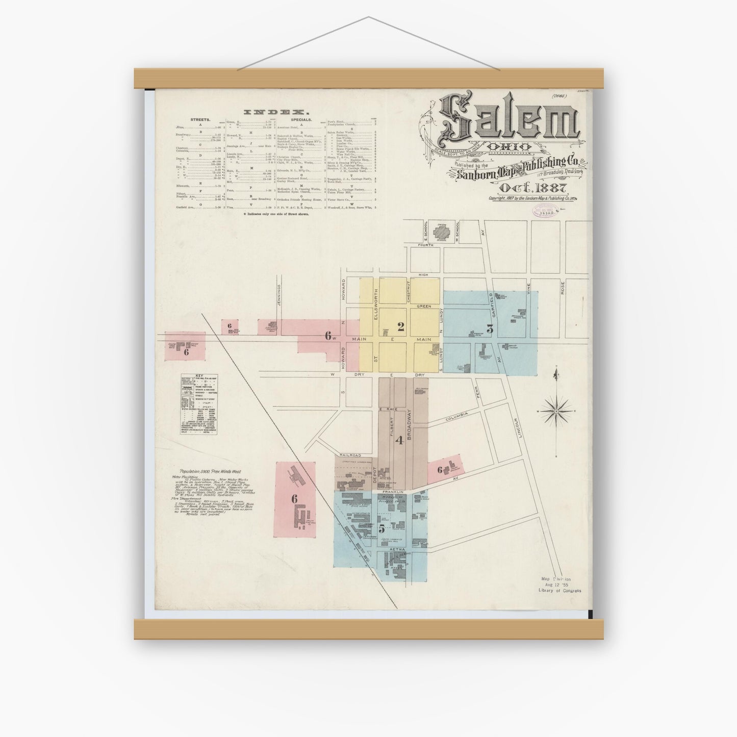 Old map wall art mockup — magnetic wood frame on white wall — Sanborn Fire Insurance Map from Salem, Columbiana County, Ohio (1887) - Complete Map Set