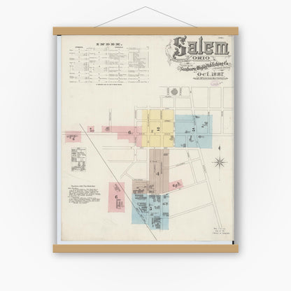 Old map wall art mockup — magnetic wood frame on white wall — Sanborn Fire Insurance Map from Salem, Columbiana County, Ohio (1887) - Complete Map Set