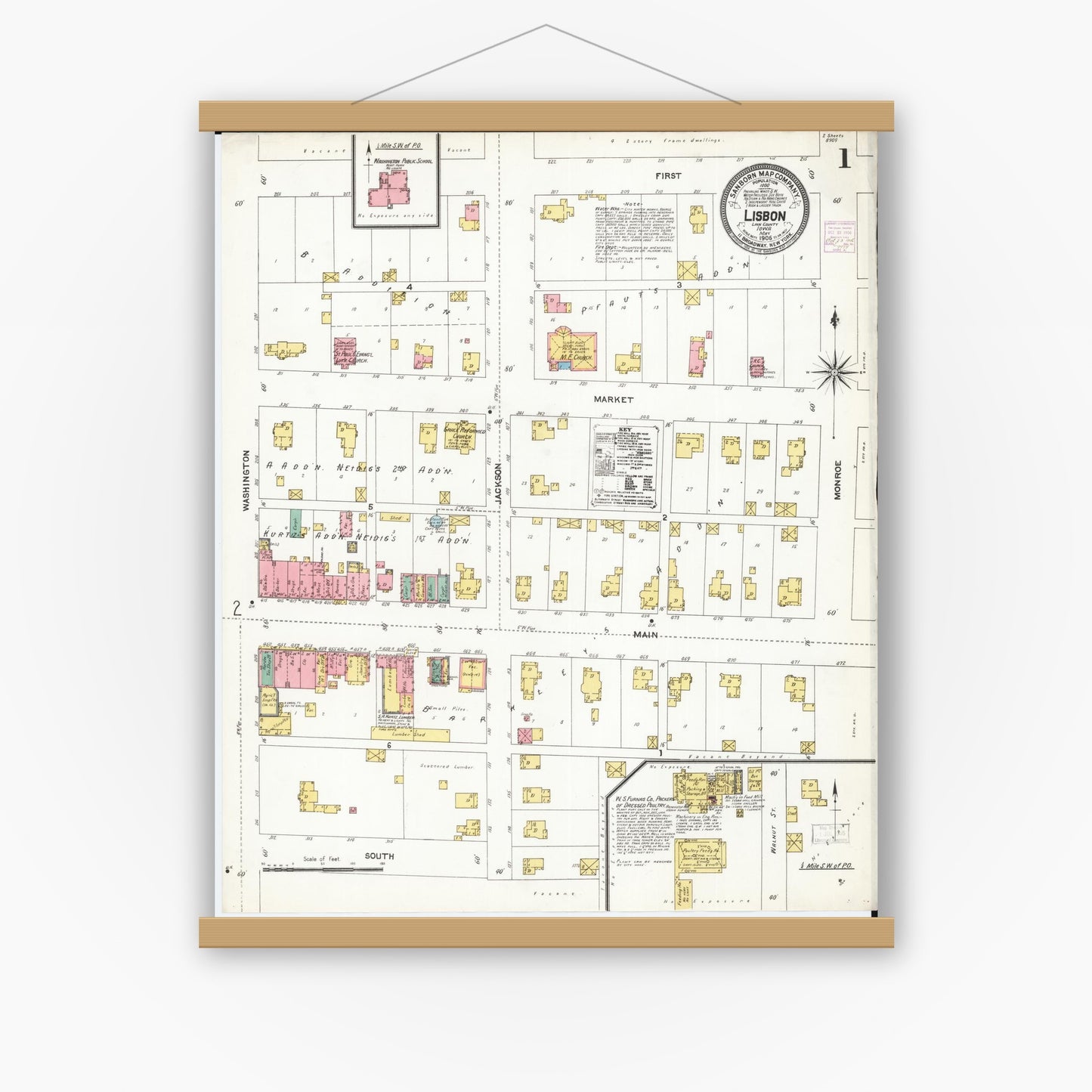 Old map wall art mockup — magnetic wood frame on white wall — Sanborn Fire Insurance Map from Lisbon, Linn County, Iowa (1906), Sheet #0001