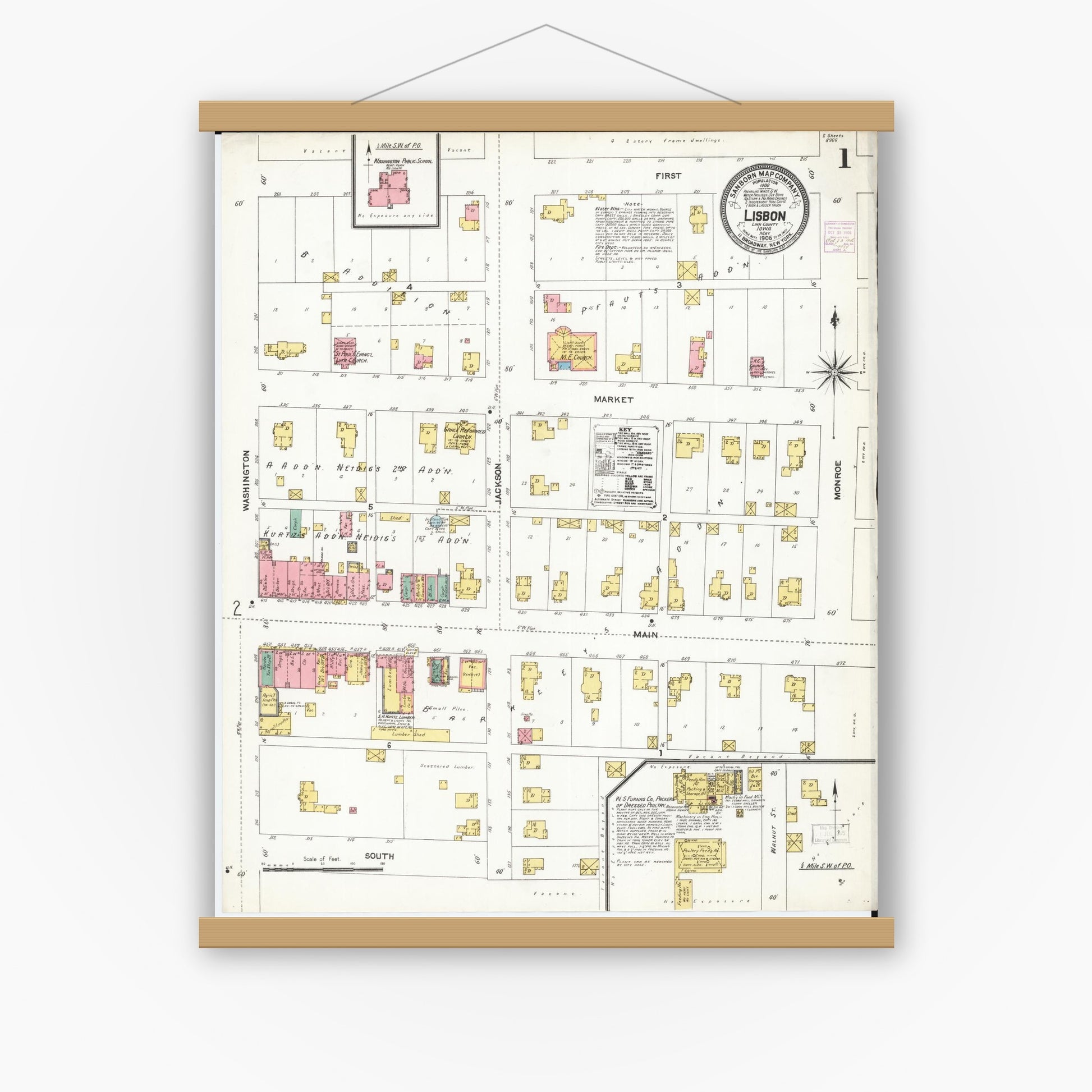 Old map wall art mockup — magnetic wood frame on white wall — Sanborn Fire Insurance Map from Lisbon, Linn County, Iowa (1906), Sheet #0001