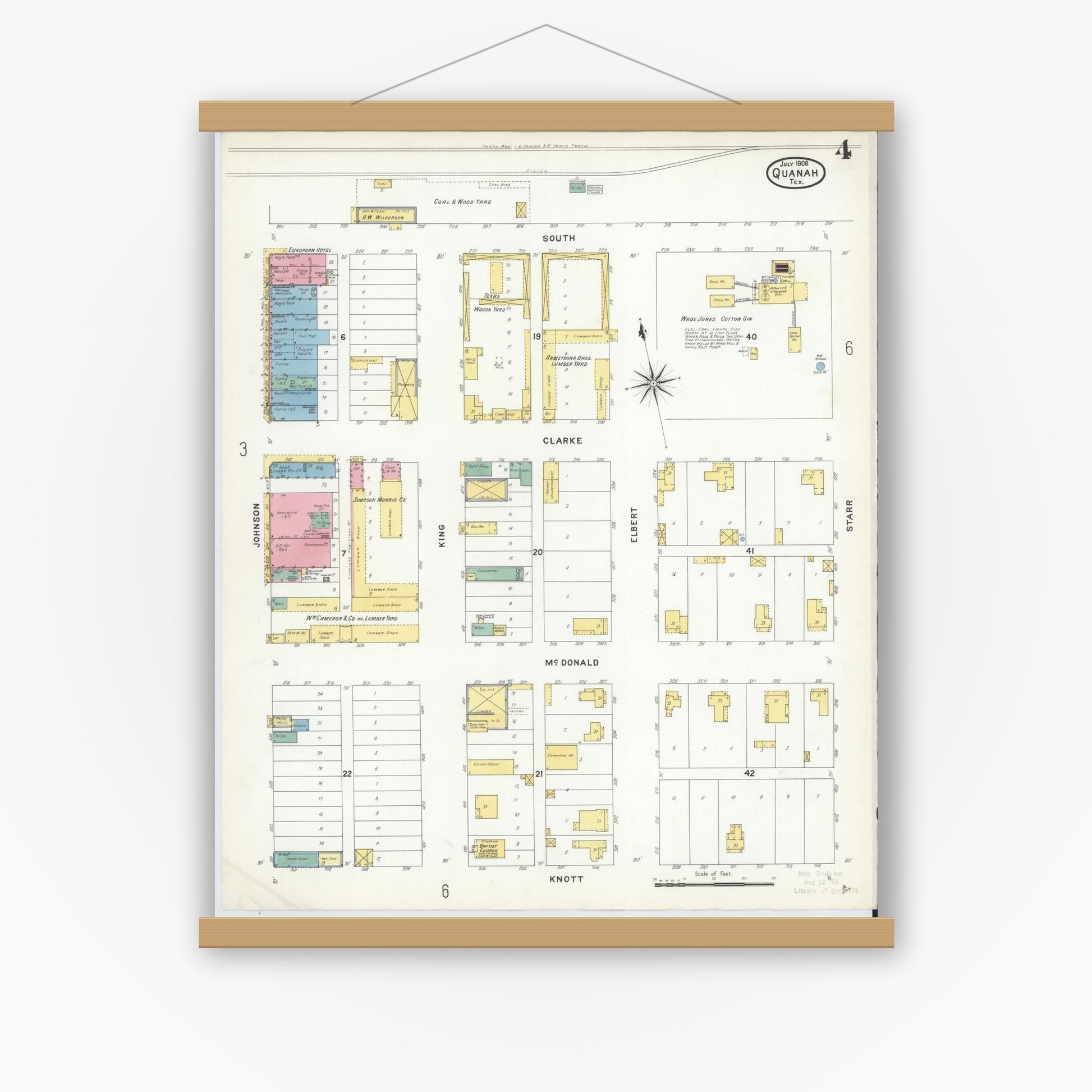 Old map wall art mockup — magnetic wood frame on white wall — Sanborn Fire Insurance Map from Quanah, Hardeman County, Texas (1908), Sheet #0004
