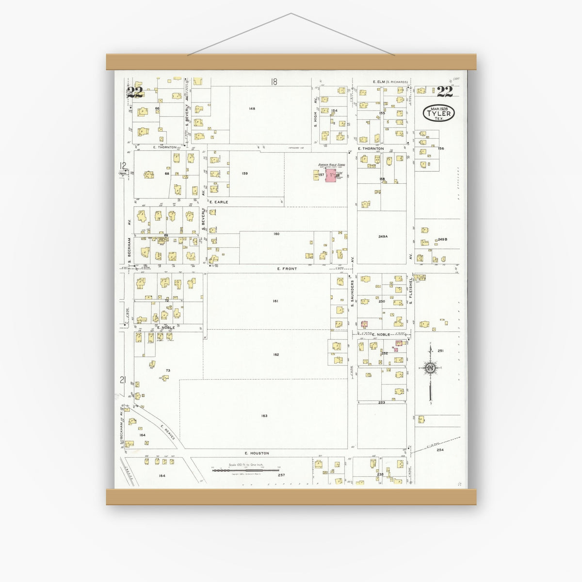 Old map wall art mockup — magnetic wood frame on white wall — Sanborn Fire Insurance Map from Tyler, Smith County, Texas (1928), Sheet #0022