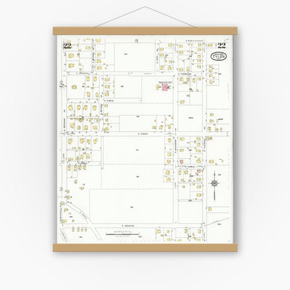 Old map wall art mockup — magnetic wood frame on white wall — Sanborn Fire Insurance Map from Tyler, Smith County, Texas (1928), Sheet #0022