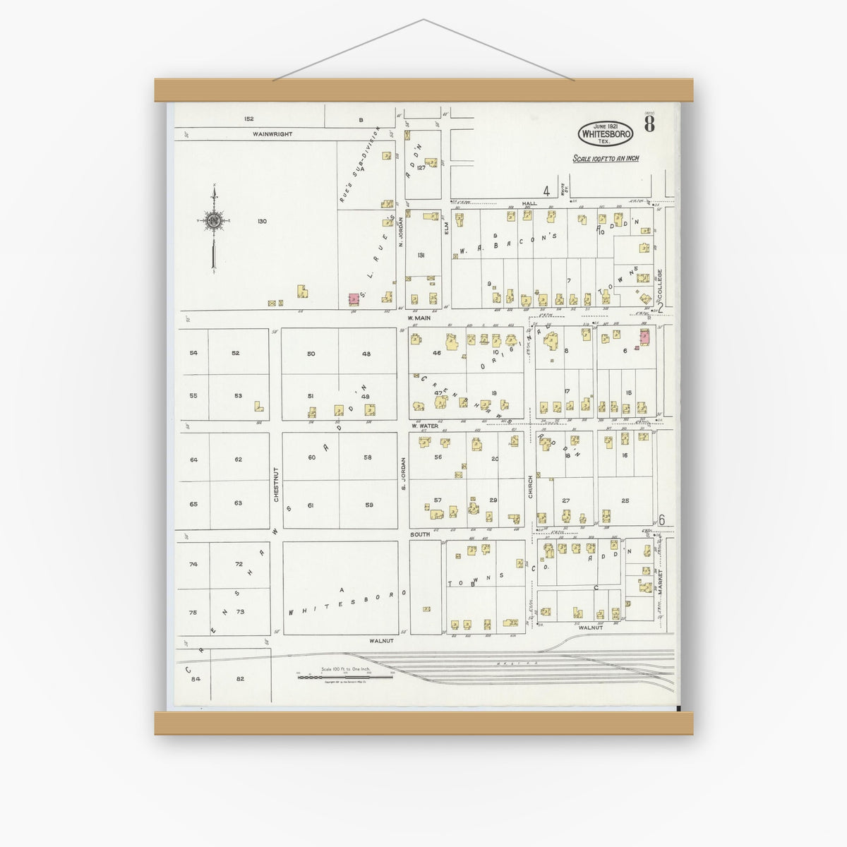 Old map wall art mockup — magnetic wood frame on white wall — Sanborn Fire Insurance Map from Whitesboro, Grayson County, Texas (1921), Sheet #0008