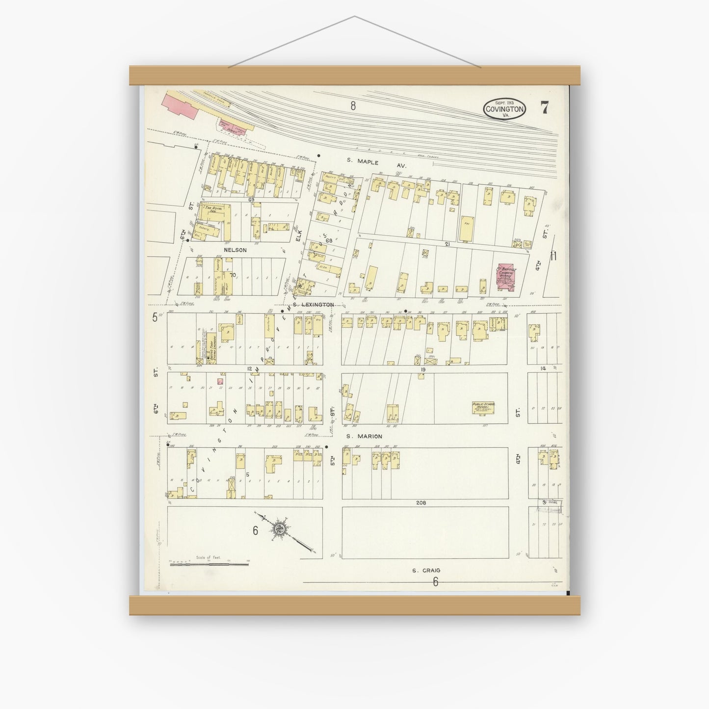 Old map wall art mockup — magnetic wood frame on white wall — Sanborn Fire Insurance Map from Covington, Independent Cities, Virginia (1913), Sheet #0007