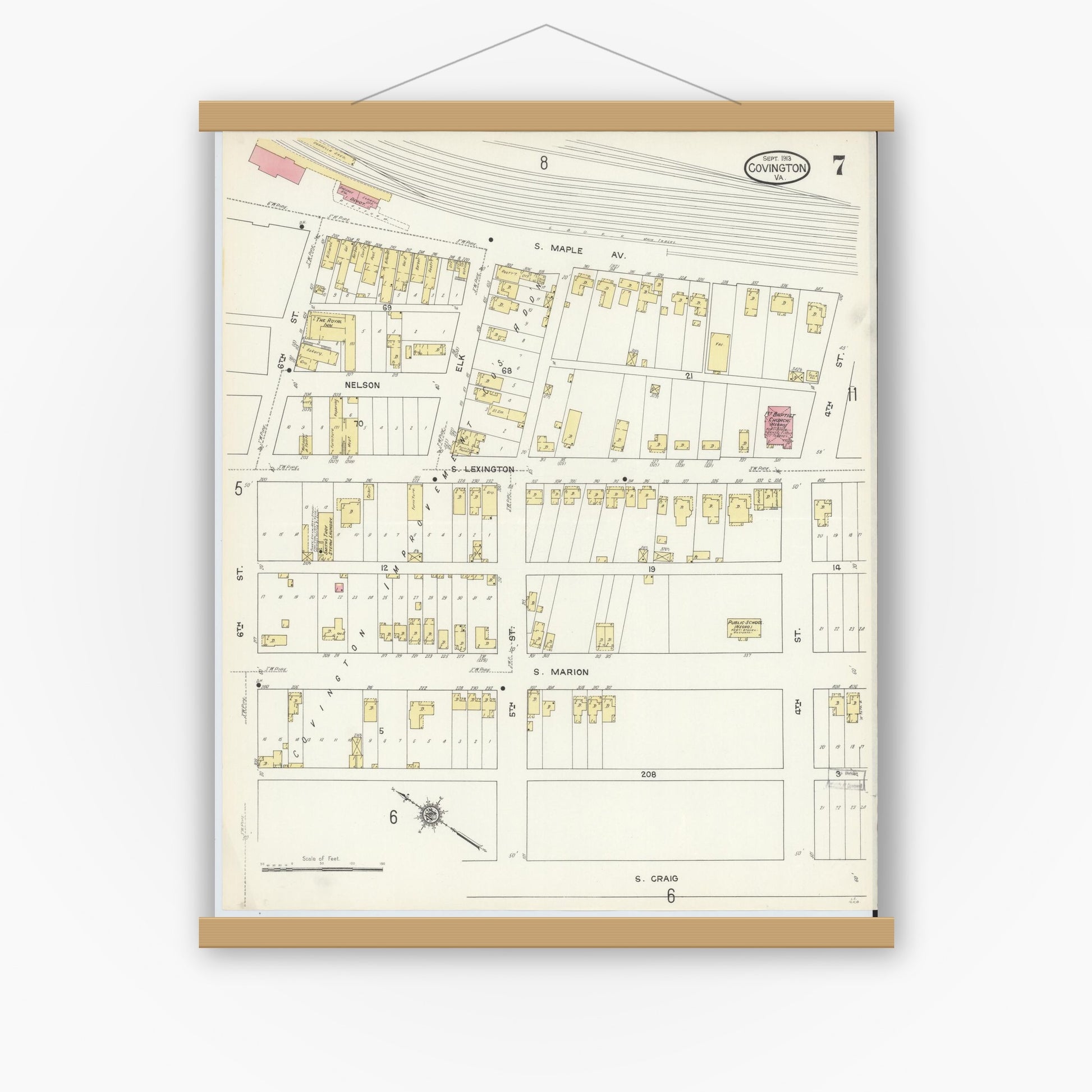 Old map wall art mockup — magnetic wood frame on white wall — Sanborn Fire Insurance Map from Covington, Independent Cities, Virginia (1913), Sheet #0007