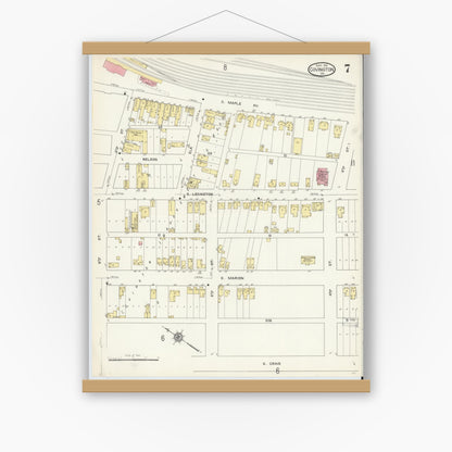Old map wall art mockup — magnetic wood frame on white wall — Sanborn Fire Insurance Map from Covington, Independent Cities, Virginia (1913), Sheet #0007