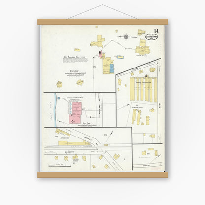 Old map wall art mockup — magnetic wood frame on white wall — Sanborn Fire Insurance Map from Stoneham, Middlesex County, Massachusetts (1916), Sheet #0014