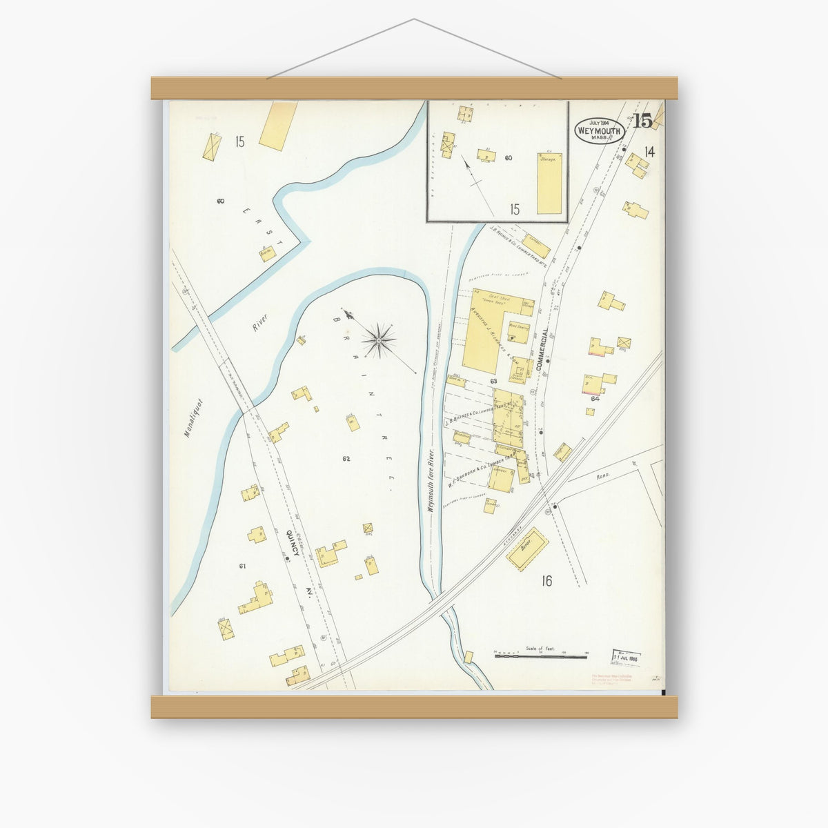 Old map wall art mockup — magnetic wood frame on white wall — Sanborn Fire Insurance Map from Weymouth, Norfolk County, Massachusetts (1904), Sheet #0015
