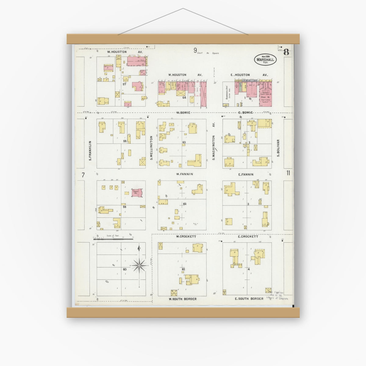 Old map wall art mockup — magnetic wood frame on white wall — Sanborn Fire Insurance Map from Marshall, Harrison County, Texas (1899), Sheet #0008