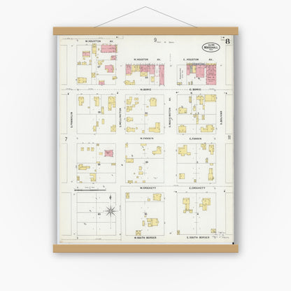 Old map wall art mockup — magnetic wood frame on white wall — Sanborn Fire Insurance Map from Marshall, Harrison County, Texas (1899), Sheet #0008
