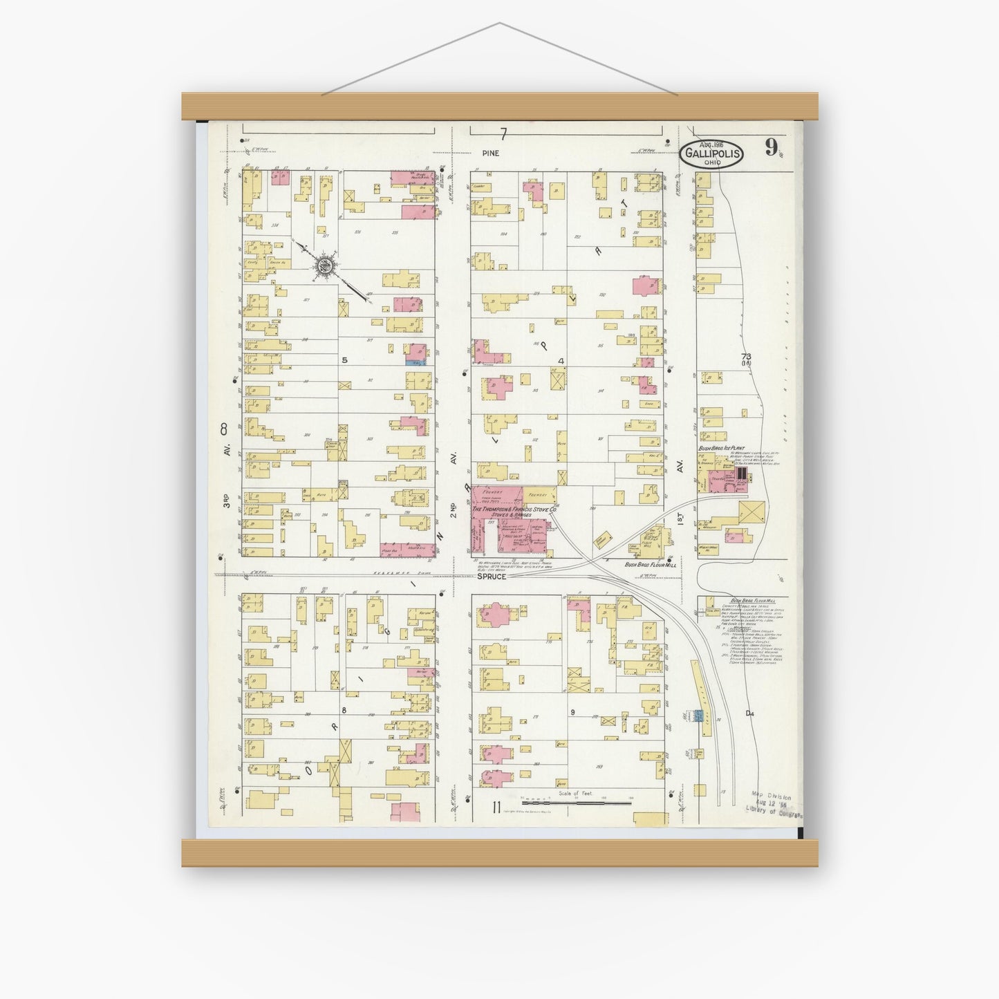 Old map wall art mockup — magnetic wood frame on white wall — Sanborn Fire Insurance Map from Gallipolis, Gallia County, Ohio (1916), Sheet #0009