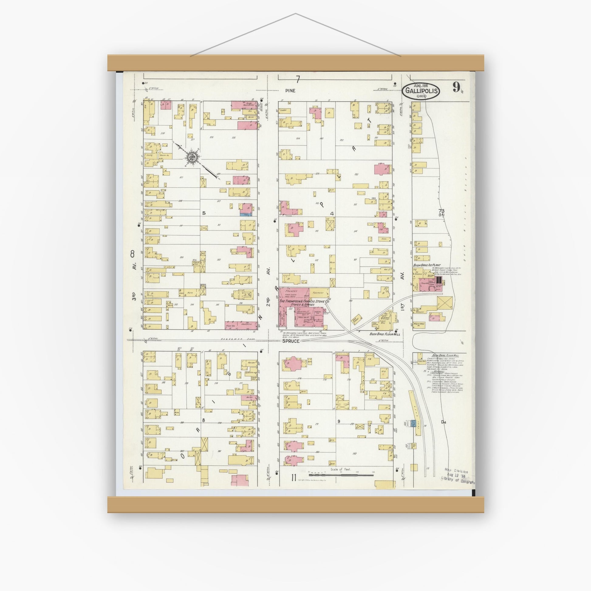 Old map wall art mockup — magnetic wood frame on white wall — Sanborn Fire Insurance Map from Gallipolis, Gallia County, Ohio (1916), Sheet #0009