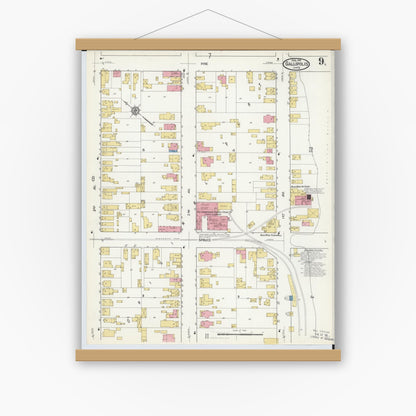 Old map wall art mockup — magnetic wood frame on white wall — Sanborn Fire Insurance Map from Gallipolis, Gallia County, Ohio (1916), Sheet #0009