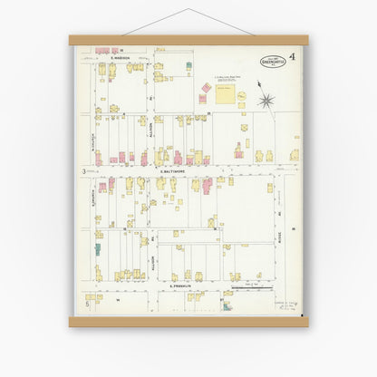 Old map wall art mockup — magnetic wood frame on white wall — Sanborn Fire Insurance Map from Greencastle, Franklin County, Pennsylvania (1907), Sheet #0004