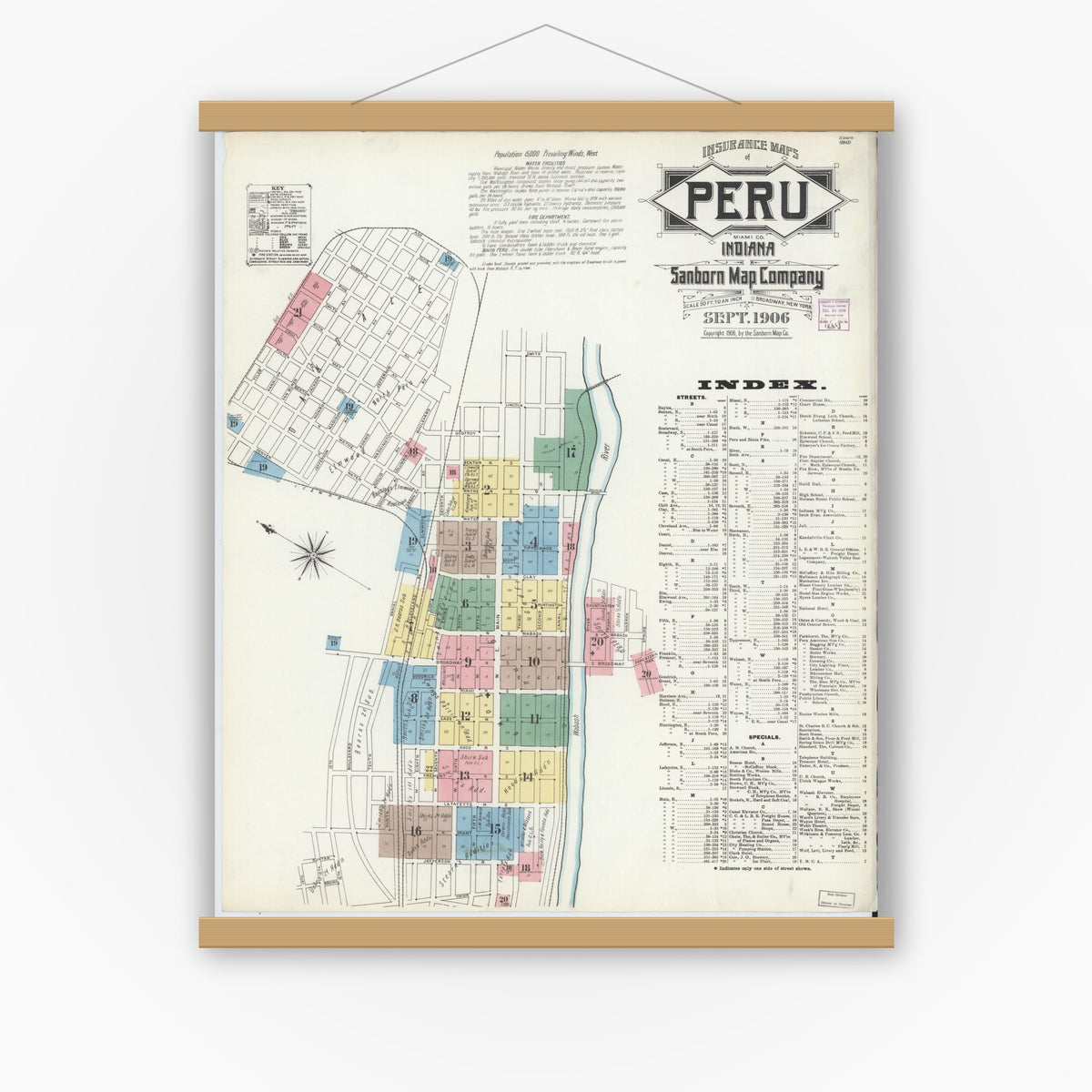 Old map wall art mockup — magnetic wood frame on white wall — Sanborn Fire Insurance Map from Peru, Miami County, Indiana (1906) - Complete Map Set