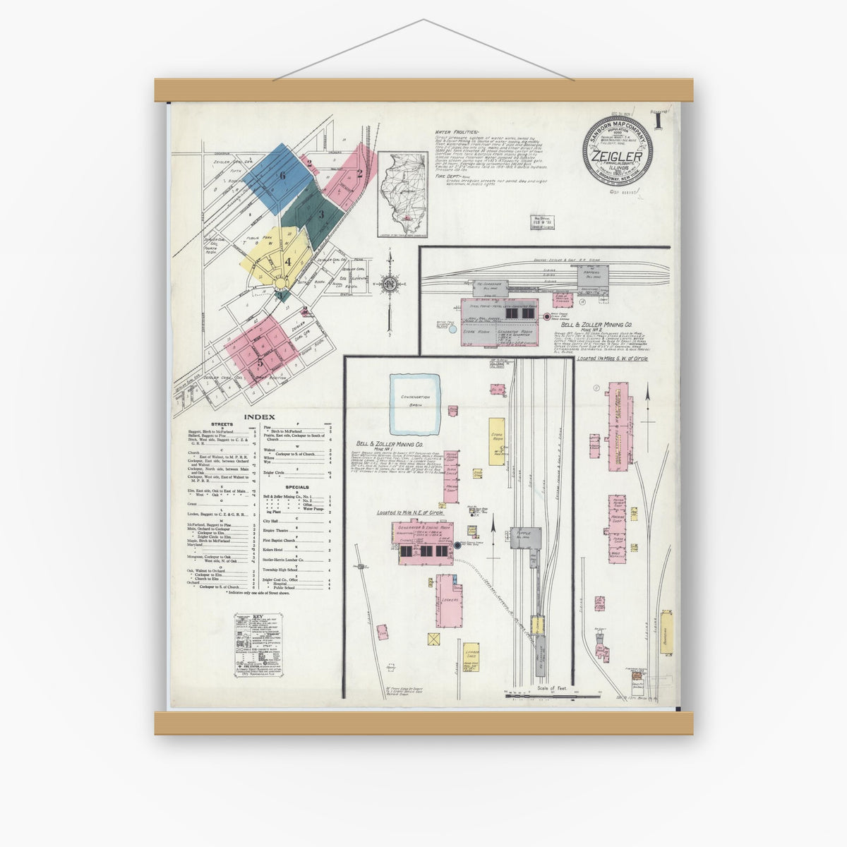 Old map wall art mockup — magnetic wood frame on white wall — Sanborn Fire Insurance Map from Zeigler, Franklin County, Illinois (1921), Sheet #0001