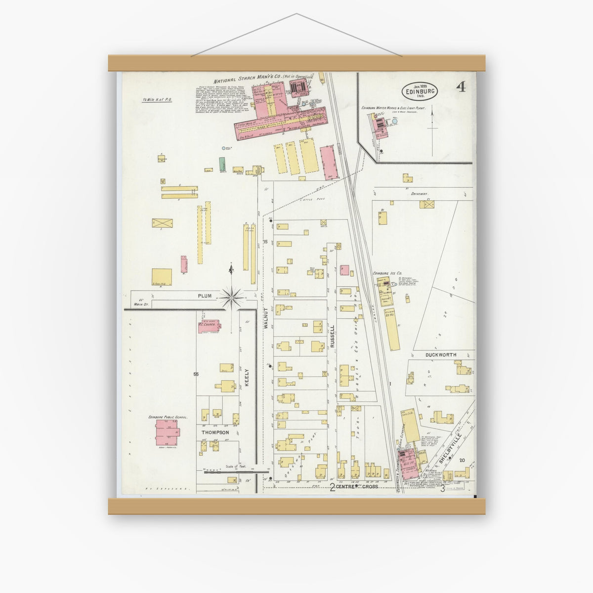 Old map wall art mockup — magnetic wood frame on white wall — Sanborn Fire Insurance Map from Edinburg, Johnson And Bartholomew Counties, Indiana (1899), Sheet #0004