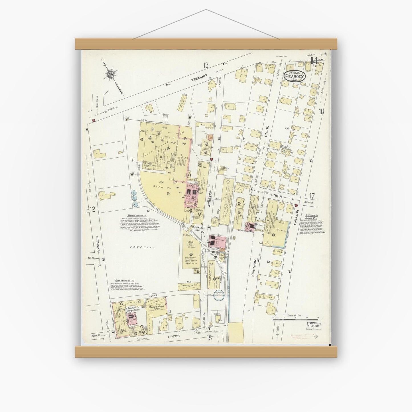 Old map wall art mockup — magnetic wood frame on white wall — Sanborn Fire Insurance Map from Peabody, Essex County, Massachusetts (1914), Sheet #0014