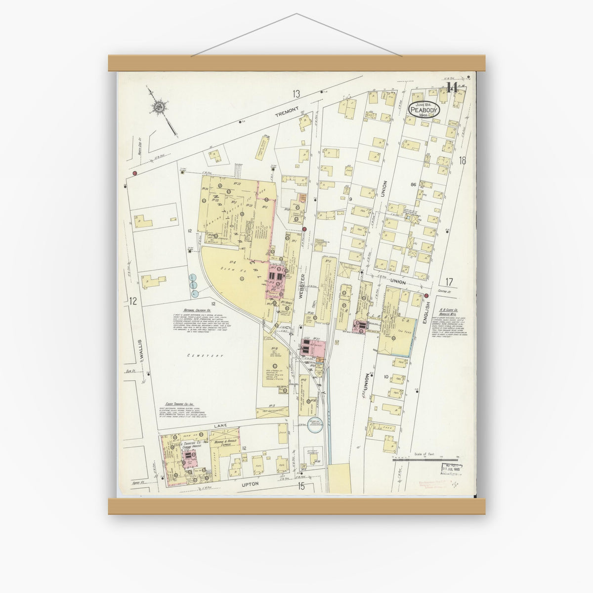 Old map wall art mockup — magnetic wood frame on white wall — Sanborn Fire Insurance Map from Peabody, Essex County, Massachusetts (1914), Sheet #0014