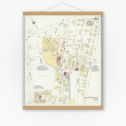 Old map wall art mockup — magnetic wood frame on white wall — Sanborn Fire Insurance Map from Peabody, Essex County, Massachusetts (1914), Sheet #0014