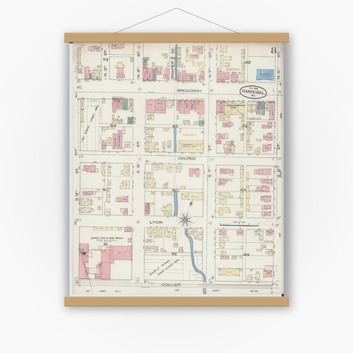 Old map wall art mockup — magnetic wood frame on white wall — Sanborn Fire Insurance Map from Hannibal, Marion County, Missouri (1885), Sheet #0008