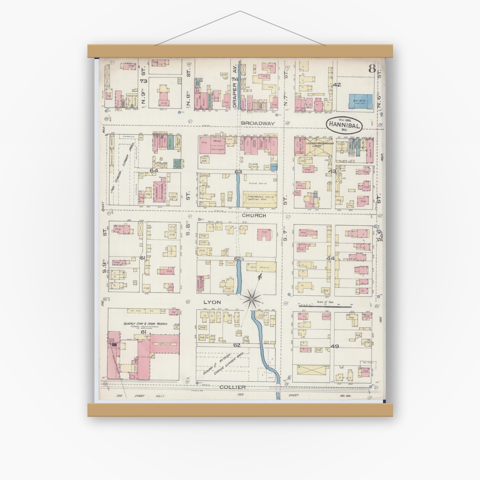 Old map wall art mockup — magnetic wood frame on white wall — Sanborn Fire Insurance Map from Hannibal, Marion County, Missouri (1885), Sheet #0008