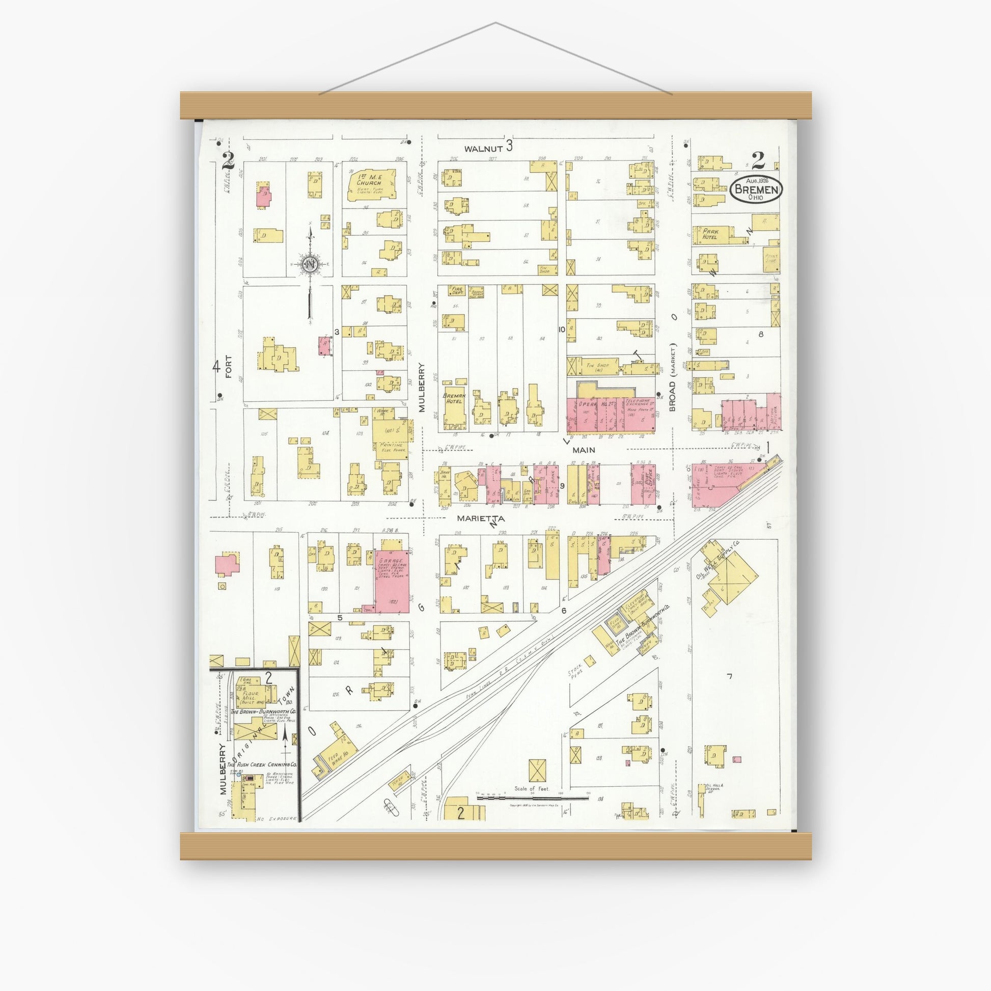 Old map wall art mockup — magnetic wood frame on white wall — Sanborn Fire Insurance Map from Bremen, Fairfield County, Ohio (1926), Sheet #0002