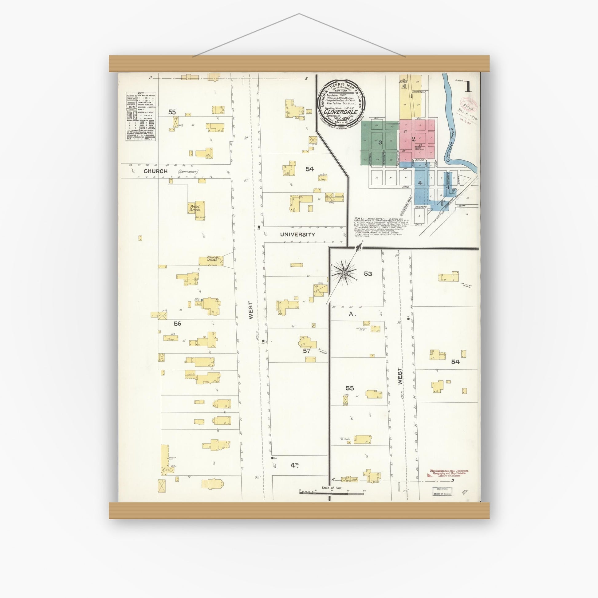 Old map wall art mockup — magnetic wood frame on white wall — Sanborn Fire Insurance Map from Cloverdale, Sonoma County, California (1894) - Complete Map Set