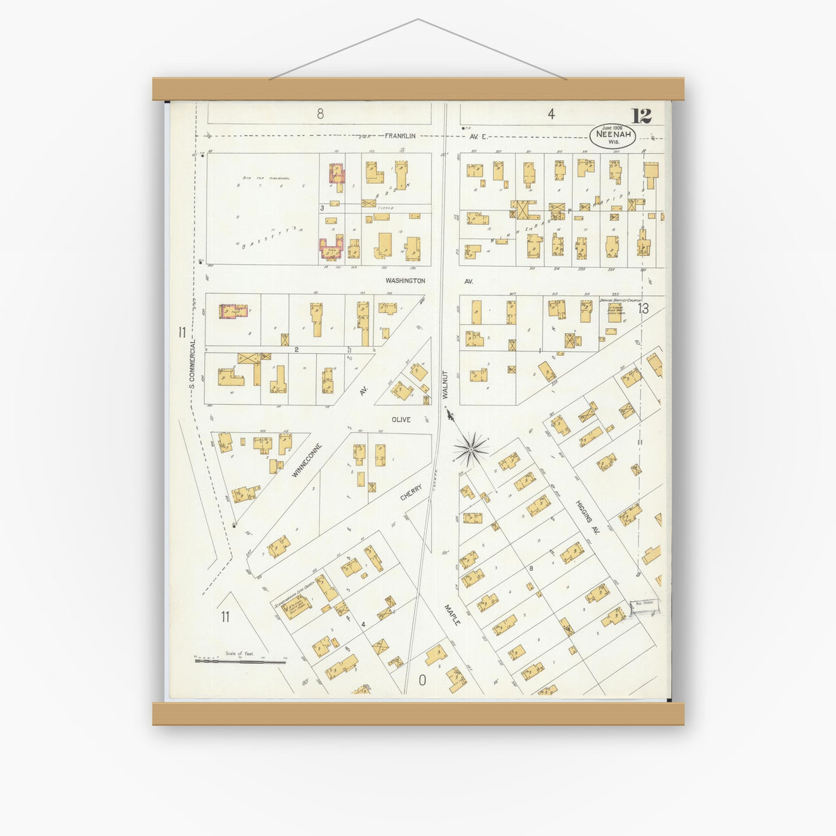 Old map wall art mockup — magnetic wood frame on white wall — Sanborn Fire Insurance Map from Neenah, Winnebago County, Wisconsin (1906), Sheet #0012