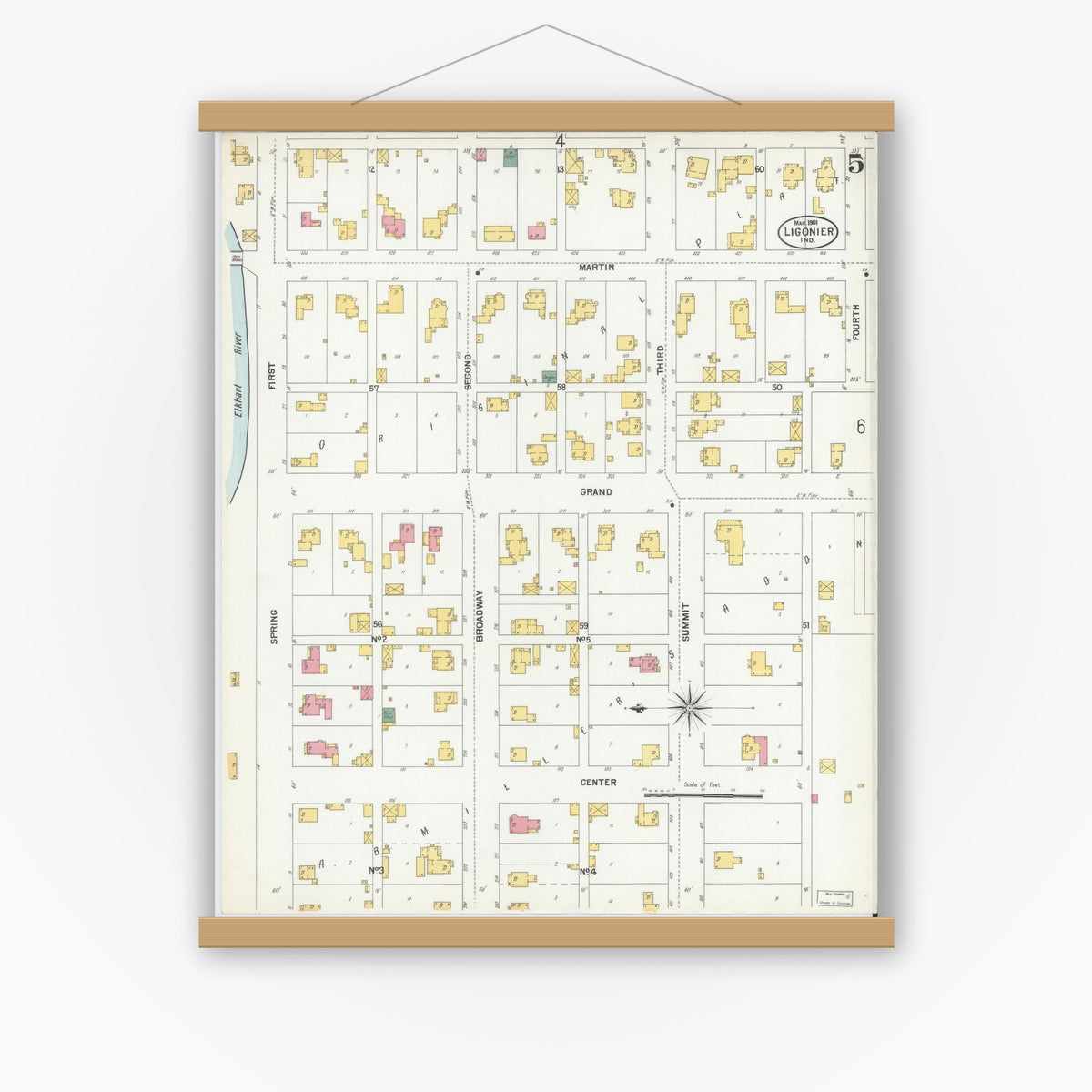 Old map wall art mockup — magnetic wood frame on white wall — Sanborn Fire Insurance Map from Ligonier, Noble County, Indiana (1901), Sheet #0005