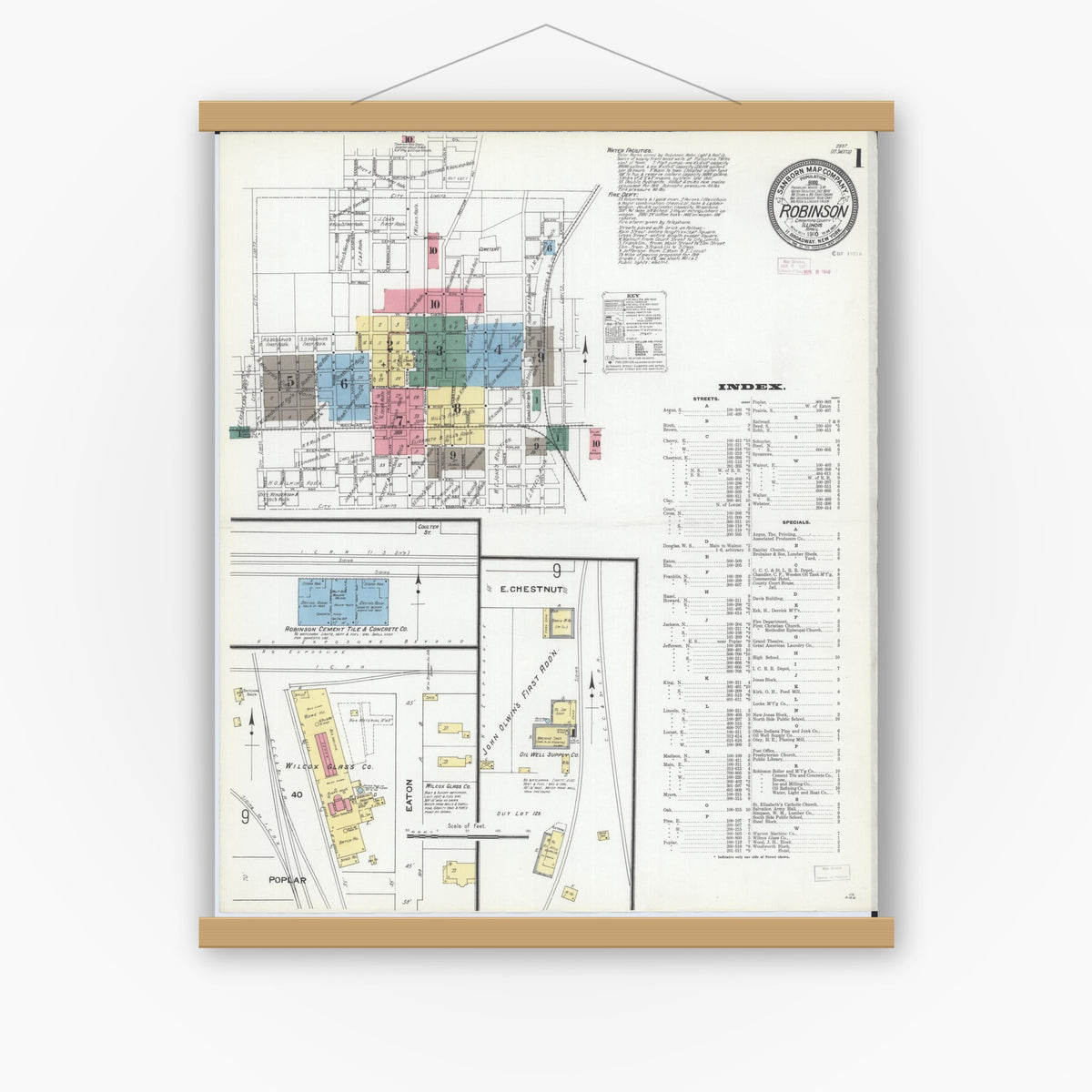 Old map wall art mockup — magnetic wood frame on white wall — Sanborn Fire Insurance Map from Robinson, Crawford County, Illinois (1910), Sheet #0001