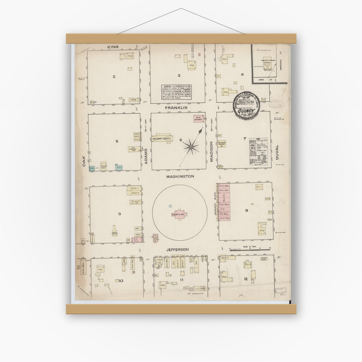 Old map wall art mockup — magnetic wood frame on white wall — Sanborn Fire Insurance Map from Quincy, Gadsden County, Florida (1884), Sheet #0001