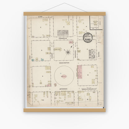 Old map wall art mockup — magnetic wood frame on white wall — Sanborn Fire Insurance Map from Quincy, Gadsden County, Florida (1884), Sheet #0001