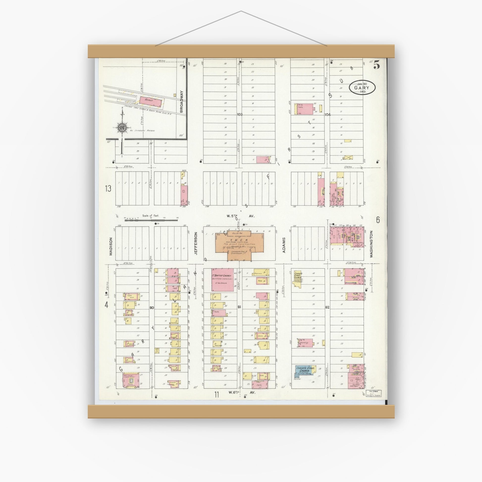 Old map wall art mockup — magnetic wood frame on white wall — Sanborn Fire Insurance Map from Gary, Lake County, Indiana (1911), Sheet #0005
