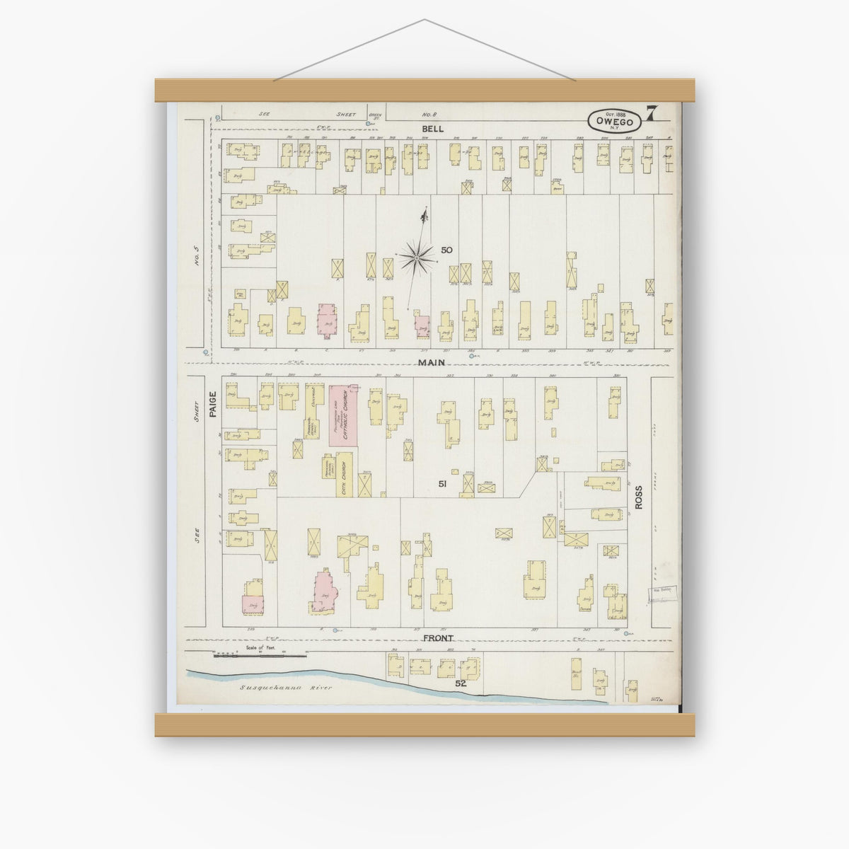 Old map wall art mockup — magnetic wood frame on white wall — Sanborn Fire Insurance Map from Owego, Tioga County, New York (1888), Sheet #0007